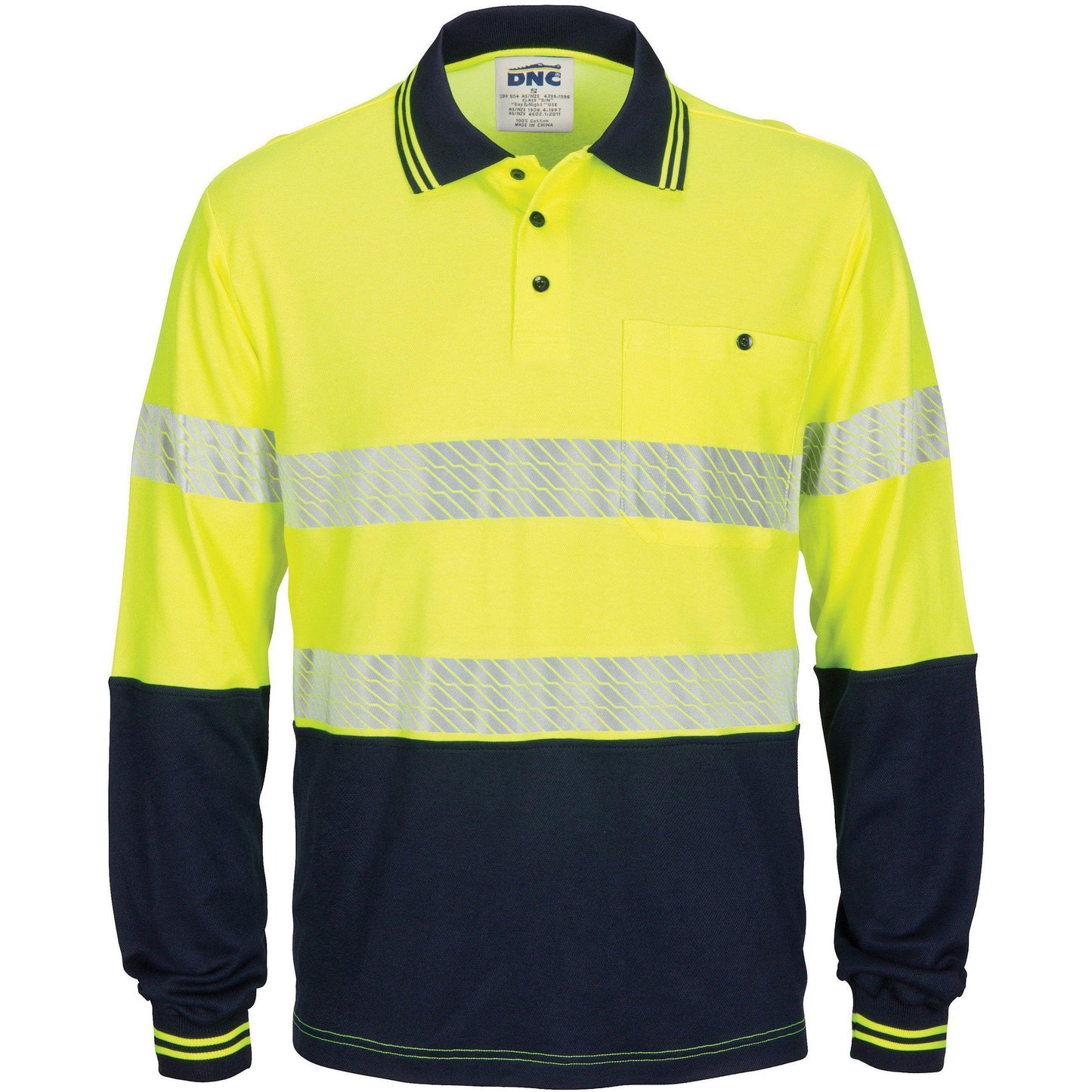 DNC Taped HiVis Segment Cotton Back Long Sleeve Polo - 3518 - DNC Workwear Shop