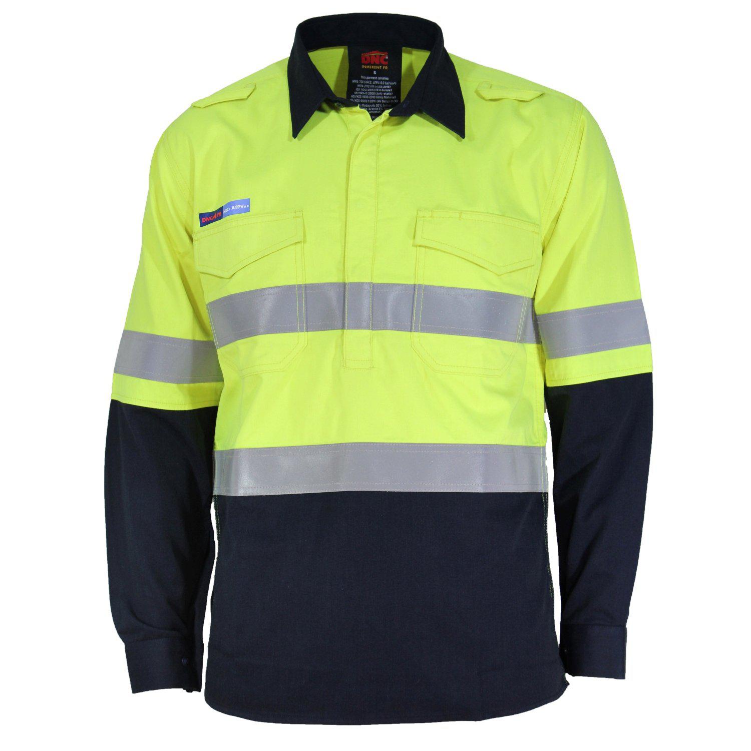 DNC Taped HiVis Flame Retardant & Arc HRC1 2-Tone Closed Front Lightweight Long Sleeve Cotton Shirt - 3447 - DNC Workwear Shop